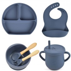 Набор посуды силиконовый 6 в 1 (нагрудник,тарелка плоская,тарелка на присоске,поильник,ложка и вилка